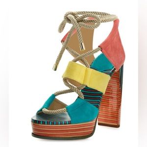 Jimmy Choo
Halley 120mm Multicolor Rope Sandal, Malibu/Buttercup/Coral Pink